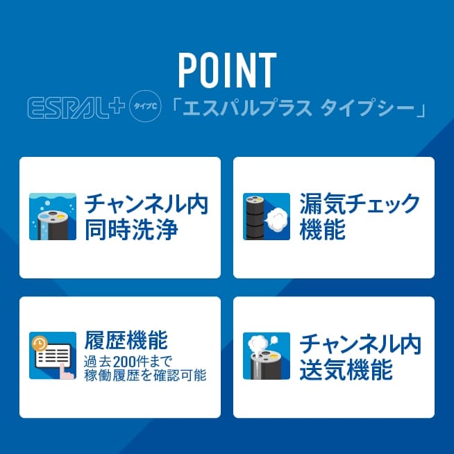ESPAL+タイプCのポイント。チャンネル内同時洗浄。漏気チェック機能。履歴機能。チャンネル内送気機能。